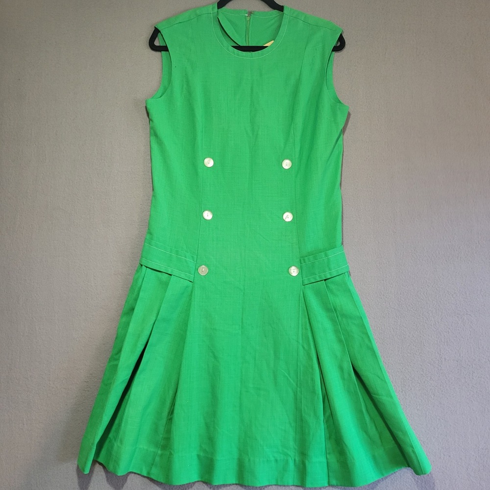 Vintage Carol Brent Green Mod Pleated Drop Waist Sleeveless Dress 1960s Retro